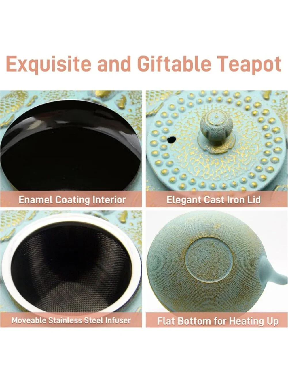 Cyan and Gold Cast Iron Kitchen Japanese Teapot 27.1oz Stovetop  Infuser Pot